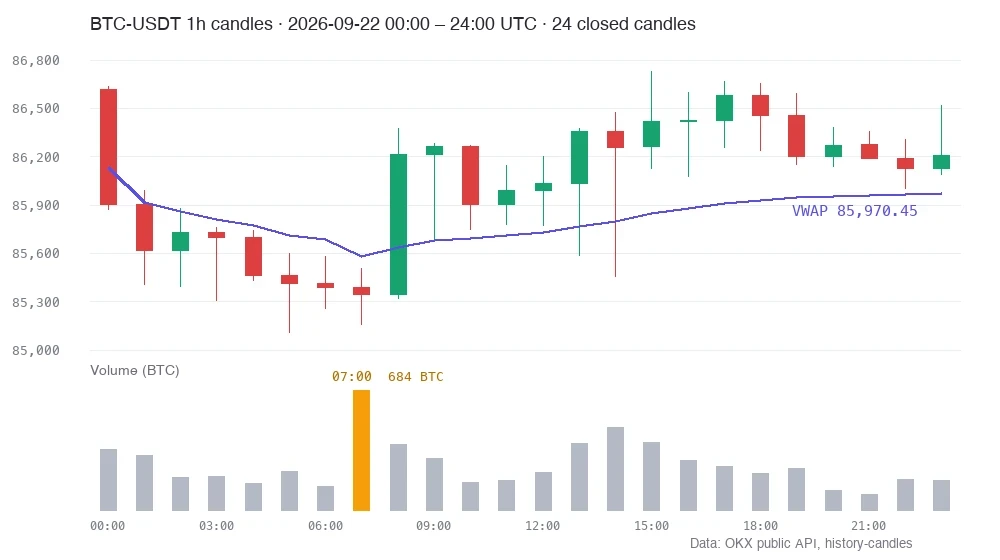 The 24 one-hour BTC-USDT candles of 22 September 2026 (UTC) with a purple cumulative VWAP line labelled VWAP 85,970.45 at its right end; among the volume bars below, the 07:00 bar is highlighted in orange and labelled 684 BTC