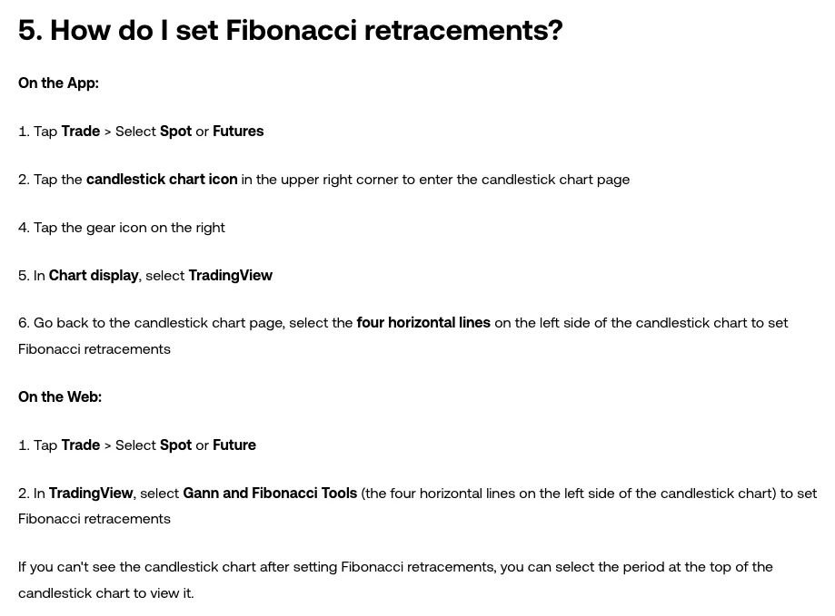 OKX help center answer on setting Fibonacci retracements, with the app path through Chart display and TradingView, the web path through Gann and Fibonacci Tools, and a tip to pick a period if the candlestick chart disappears